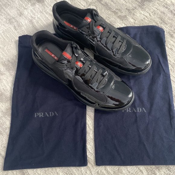 PRADA Mens Americas Cup Black/Mesh Patent Leather Sneakers - Picture 4 of 5